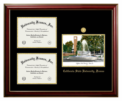 California State University, Fresno Triple Opening with Campus Image Frame in Classic Mahogany with Gold Trim with Black & Gold Mats for document: 8 1/2"h x 11"w  , document: 8 1/2"h x 11"w  