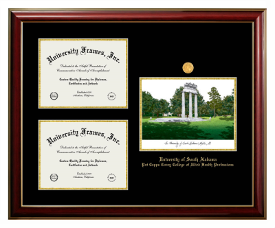 University of South Alabama Pat Capps Covey College of Allied Health Professions Triple Opening with Campus Image Frame in Classic Mahogany with Gold Trim with Black & Gold Mats for document: 8 1/2"h x 11"w  , document: 8 1/2"h x 11"w  