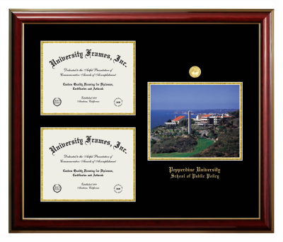 Pepperdine University School of Public Policy Triple Opening with Campus Image Frame in Classic Mahogany with Gold Trim with Black & Gold Mats for document: 8 1/2"h x 11"w  , document: 8 1/2"h x 11"w  