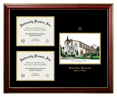 Santa Clara University School of Law Triple Opening with Campus Image Frame in Classic Mahogany with Gold Trim with Black & Gold Mats for document: 8 1/2"h x 11"w  , document: 8 1/2"h x 11"w  