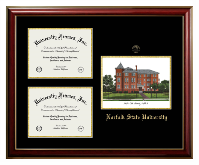 Norfolk State University Triple Opening with Campus Image Frame in Classic Mahogany with Gold Trim with Black & Gold Mats for document: 8 1/2"h x 11"w  , document: 8 1/2"h x 11"w  