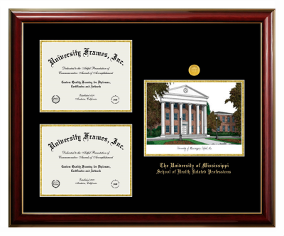 University of Mississippi School of Health Related Professions Triple Opening with Campus Image Frame in Classic Mahogany with Gold Trim with Black & Gold Mats for document: 8 1/2"h x 11"w  , document: 8 1/2"h x 11"w  
