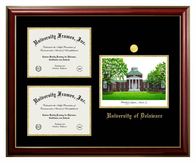 University of Delaware Triple Opening with Campus Image Frame in Classic Mahogany with Gold Trim with Black & Gold Mats for document: 8 1/2"h x 11"w  , document: 8 1/2"h x 11"w  
