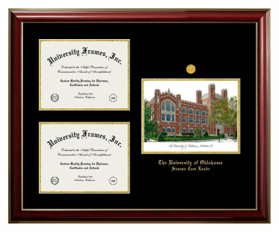 University of Oklahoma Summa Cum Laude Triple Opening with Campus Image Frame in Classic Mahogany with Gold Trim with Black & Gold Mats for document: 8 1/2"h x 11"w  , document: 8 1/2"h x 11"w  