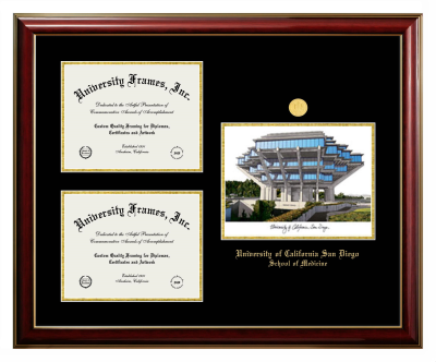 University of California San Diego School of Medicine Triple Opening with Campus Image Frame in Classic Mahogany with Gold Trim with Black & Gold Mats for document: 8 1/2"h x 11"w  , document: 8 1/2"h x 11"w  