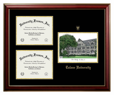 Tulane University Triple Opening with Campus Image Frame in Classic Mahogany with Gold Trim with Black & Gold Mats for document: 8 1/2"h x 11"w  , document: 8 1/2"h x 11"w  