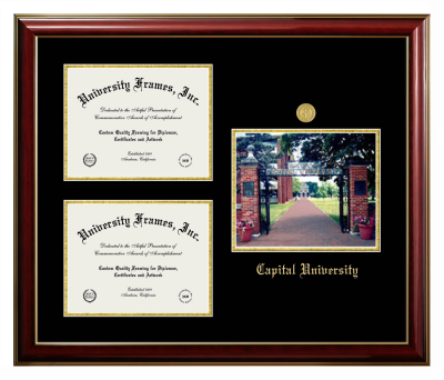 Capital University Triple Opening with Campus Image Frame in Classic Mahogany with Gold Trim with Black & Gold Mats for document: 8 1/2"h x 11"w  , document: 8 1/2"h x 11"w  