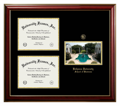Belhaven University School of Business Triple Opening with Campus Image Frame in Classic Mahogany with Gold Trim with Black & Gold Mats for document: 8 1/2"h x 11"w  , document: 8 1/2"h x 11"w  