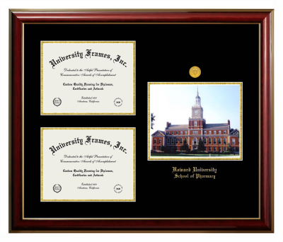 Howard University School of Pharmacy Triple Opening with Campus Image Frame in Classic Mahogany with Gold Trim with Black & Gold Mats for document: 8 1/2"h x 11"w  , document: 8 1/2"h x 11"w  