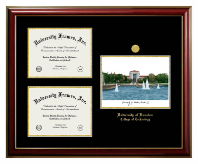 University of Houston College of Technology Triple Opening with Campus Image Frame in Classic Mahogany with Gold Trim with Black & Gold Mats for document: 8 1/2"h x 11"w  , document: 8 1/2"h x 11"w  