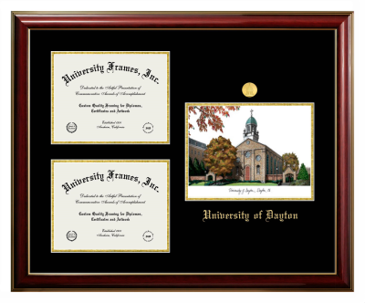 University of Dayton Triple Opening with Campus Image Frame in Classic Mahogany with Gold Trim with Black & Gold Mats for document: 8 1/2"h x 11"w  , document: 8 1/2"h x 11"w  