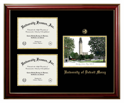 University of Detroit Mercy Triple Opening with Campus Image Frame in Classic Mahogany with Gold Trim with Black & Gold Mats for document: 8 1/2"h x 11"w  , document: 8 1/2"h x 11"w  