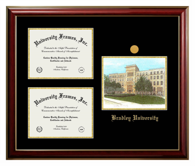 Bradley University Triple Opening with Campus Image Frame in Classic Mahogany with Gold Trim with Black & Gold Mats for document: 8 1/2"h x 11"w  , document: 8 1/2"h x 11"w  