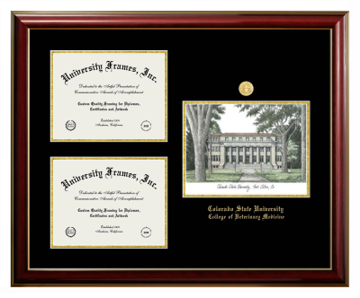 Colorado State University College of Veterinary Medicine Triple Opening with Campus Image Frame in Classic Mahogany with Gold Trim with Black & Gold Mats for document: 8 1/2"h x 11"w  , document: 8 1/2"h x 11"w  