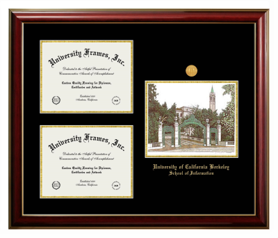 University of California Berkeley School of Information Triple Opening with Campus Image Frame in Classic Mahogany with Gold Trim with Black & Gold Mats for document: 8 1/2"h x 11"w  , document: 8 1/2"h x 11"w  