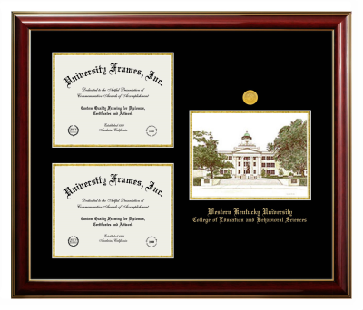 Western Kentucky University College of Education and Behavioral Sciences Triple Opening with Campus Image Frame in Classic Mahogany with Gold Trim with Black & Gold Mats for document: 8 1/2"h x 11"w  , document: 8 1/2"h x 11"w  