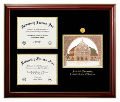 Stanford University Graduate School of Business Triple Opening with Campus Image Frame in Classic Mahogany with Gold Trim with Black & Gold Mats for document: 8 1/2"h x 11"w  , document: 8 1/2"h x 11"w  