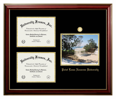 Point Loma Nazarene University Triple Opening with Campus Image Frame in Classic Mahogany with Gold Trim with Black & Gold Mats for document: 8 1/2"h x 11"w  , document: 8 1/2"h x 11"w  