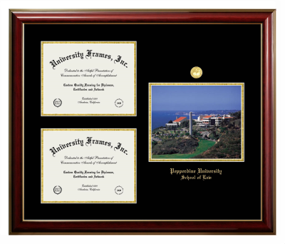 Pepperdine University School of Law Triple Opening with Campus Image Frame in Classic Mahogany with Gold Trim with Black & Gold Mats for document: 8 1/2"h x 11"w  , document: 8 1/2"h x 11"w  