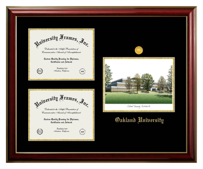 Oakland University Triple Opening with Campus Image Frame in Classic Mahogany with Gold Trim with Black & Gold Mats for document: 8 1/2"h x 11"w  , document: 8 1/2"h x 11"w  