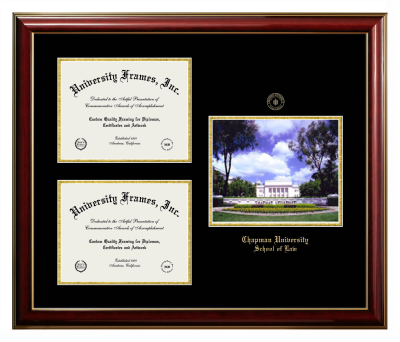 Chapman University School of Law Triple Opening with Campus Image Frame in Classic Mahogany with Gold Trim with Black & Gold Mats for document: 8 1/2"h x 11"w  , document: 8 1/2"h x 11"w  