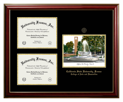 California State University, Fresno College of Arts and Humanities Triple Opening with Campus Image Frame in Classic Mahogany with Gold Trim with Black & Gold Mats for document: 8 1/2"h x 11"w  , document: 8 1/2"h x 11"w  