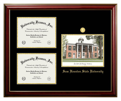 Sam Houston State University Triple Opening with Campus Image Frame in Classic Mahogany with Gold Trim with Black & Gold Mats for document: 8 1/2"h x 11"w  , document: 8 1/2"h x 11"w  