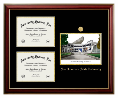 San Francisco State University Triple Opening with Campus Image Frame in Classic Mahogany with Gold Trim with Black & Gold Mats for document: 8 1/2"h x 11"w  , document: 8 1/2"h x 11"w  