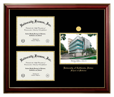 University of California Irvine School of Medicine Triple Opening with Campus Image Frame in Classic Mahogany with Gold Trim with Black & Gold Mats for document: 8 1/2"h x 11"w  , document: 8 1/2"h x 11"w  