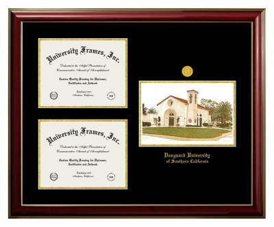 Vanguard University of Southern California Triple Opening with Campus Image Frame in Classic Mahogany with Gold Trim with Black & Gold Mats for document: 8 1/2"h x 11"w  , document: 8 1/2"h x 11"w  