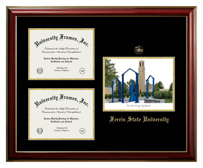 Ferris State University Triple Opening with Campus Image Frame in Classic Mahogany with Gold Trim with Black & Gold Mats for document: 8 1/2"h x 11"w  , document: 8 1/2"h x 11"w  