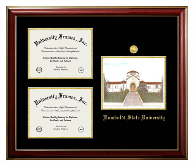 Humboldt State University Triple Opening with Campus Image Frame in Classic Mahogany with Gold Trim with Black & Gold Mats for document: 8 1/2"h x 11"w  , document: 8 1/2"h x 11"w  
