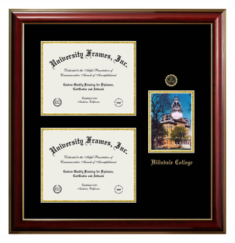 Hillsdale College Triple Opening with Campus Image Frame in Classic Mahogany with Gold Trim with Black & Gold Mats for document: 8 1/2"h x 11"w  , document: 8 1/2"h x 11"w  