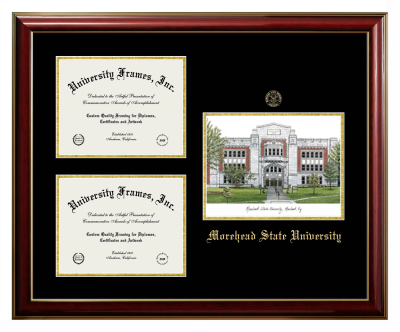 Morehead State University Triple Opening with Campus Image Frame in Classic Mahogany with Gold Trim with Black & Gold Mats for document: 8 1/2"h x 11"w  , document: 8 1/2"h x 11"w  