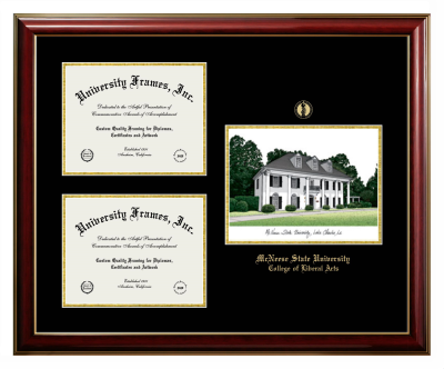 McNeese State University College of Liberal Arts Triple Opening with Campus Image Frame in Classic Mahogany with Gold Trim with Black & Gold Mats for document: 8 1/2"h x 11"w  , document: 8 1/2"h x 11"w  