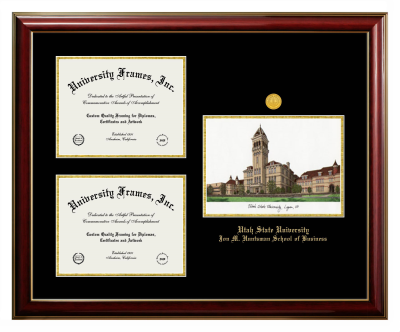 Utah State University Jon M. Huntsman School of Business Triple Opening with Campus Image Frame in Classic Mahogany with Gold Trim with Black & Gold Mats for document: 8 1/2"h x 11"w  , document: 8 1/2"h x 11"w  