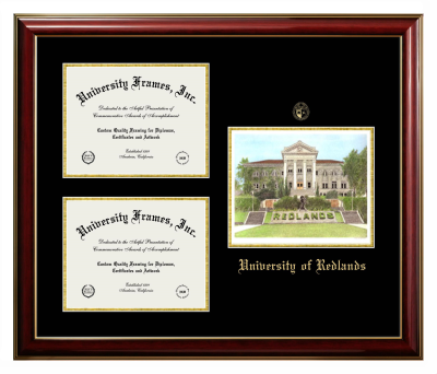 University of Redlands Triple Opening with Campus Image Frame in Classic Mahogany with Gold Trim with Black & Gold Mats for document: 8 1/2"h x 11"w  , document: 8 1/2"h x 11"w  