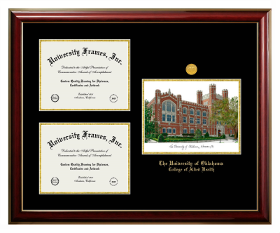 University of Oklahoma College of Allied Health Triple Opening with Campus Image Frame in Classic Mahogany with Gold Trim with Black & Gold Mats for document: 8 1/2"h x 11"w  , document: 8 1/2"h x 11"w  