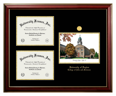 University of Dayton College of Arts and Sciences Triple Opening with Campus Image Frame in Classic Mahogany with Gold Trim with Black & Gold Mats for document: 8 1/2"h x 11"w  , document: 8 1/2"h x 11"w  