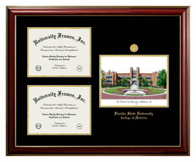 Florida State University College of Medicine Triple Opening with Campus Image Frame in Classic Mahogany with Gold Trim with Black & Gold Mats for document: 8 1/2"h x 11"w  , document: 8 1/2"h x 11"w  