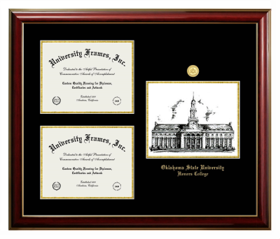 Oklahoma State University Honors College Triple Opening with Campus Image Frame in Classic Mahogany with Gold Trim with Black & Gold Mats for document: 8 1/2"h x 11"w  , document: 8 1/2"h x 11"w  