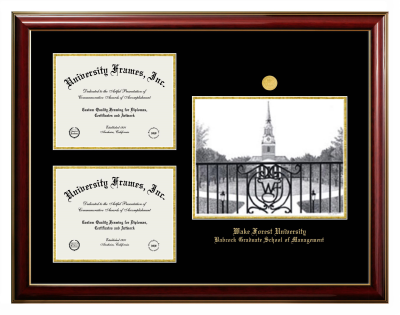 Wake Forest University Babcock Graduate School of Management Triple Opening with Campus Image Frame in Classic Mahogany with Gold Trim with Black & Gold Mats for document: 8 1/2"h x 11"w  , document: 8 1/2"h x 11"w  