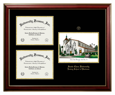 Santa Clara University Leavey School of Business Triple Opening with Campus Image Frame in Classic Mahogany with Gold Trim with Black & Gold Mats for document: 8 1/2"h x 11"w  , document: 8 1/2"h x 11"w  