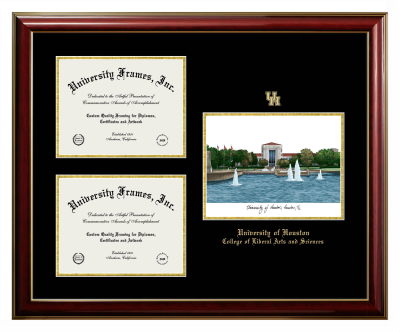 University of Houston College of Liberal Arts and Sciences Triple Opening with Campus Image Frame in Classic Mahogany with Gold Trim with Black & Gold Mats for document: 8 1/2"h x 11"w  , document: 8 1/2"h x 11"w  
