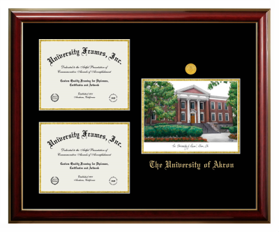 University of Akron Triple Opening with Campus Image Frame in Classic Mahogany with Gold Trim with Black & Gold Mats for document: 8 1/2"h x 11"w  , document: 8 1/2"h x 11"w  