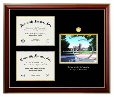 Boise State University College of Education Triple Opening with Campus Image Frame in Classic Mahogany with Gold Trim with Black & Gold Mats for document: 8 1/2"h x 11"w  , document: 8 1/2"h x 11"w  