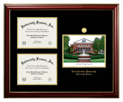 East Carolina University University Studies Triple Opening with Campus Image Frame in Classic Mahogany with Gold Trim with Black & Gold Mats for document: 8 1/2"h x 11"w  , document: 8 1/2"h x 11"w  