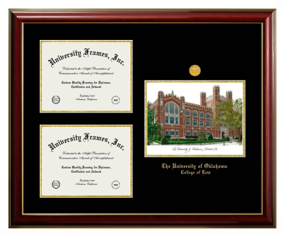 University of Oklahoma College of Law Triple Opening with Campus Image Frame in Classic Mahogany with Gold Trim with Black & Gold Mats for document: 8 1/2"h x 11"w  , document: 8 1/2"h x 11"w  