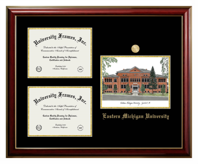 Eastern Michigan University Triple Opening with Campus Image Frame in Classic Mahogany with Gold Trim with Black & Gold Mats for document: 8 1/2"h x 11"w  , document: 8 1/2"h x 11"w  