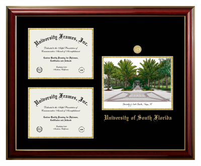 University of South Florida Triple Opening with Campus Image Frame in Classic Mahogany with Gold Trim with Black & Gold Mats for document: 8 1/2"h x 11"w  , document: 8 1/2"h x 11"w  